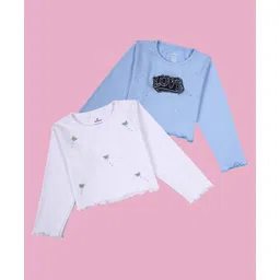 Kiddopanti Cotton Knit Pack Of 2 Full Sleeves Love Patch & Butterfly Applique Detailed Crop Tees - Light Blue & White-picture-30