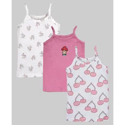 Kiddopanti Cotton Knit Pack Of 3 Sleeveless Cherry & Floral Printed Camisoles - Pink Melange Off White & White-picture-25