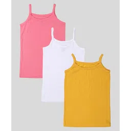 Kiddopanti Cotton Knit Pack Of 3 Sleeveless Solid Camisoles - Mustard Neon Pink & White-picture-22