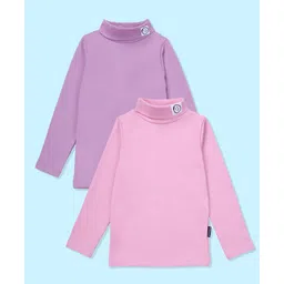 Kiddopanti Cotton Lycra Knit Pack Of 2 Full Sleeves Smiley Patch Detailed Skivi Tees - Baby Pink & Dark Lilac-picture-15