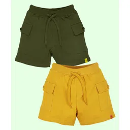 Kiddopanti Cotton Pack of 2 Solid Cargo Shorts - Military Green & Mustard-picture-34