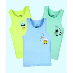 Kiddopanti Cotton Pack Of 3 Sleeveless Space Theme & Baby Monster Printed Vests -Aqua Blue Neon Green & Blue-picture-19