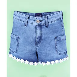 Kiddopanti Denim Floral Lace Detailed Shorts - Medium Blue-picture-25