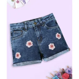 Kiddopanti Denim Mild Washed & Floral Applique Detailed Shorts - Blue-picture-26