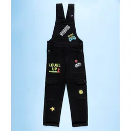 Kiddopanti Denim Sleeveless Game On & Level Up Text Patch Detailed Dungaree - Black-picture-24