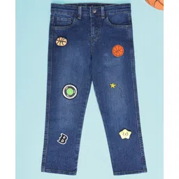 Kiddopanti Denim Woven Basketball & Star Patch Detailed Washed Jeans - Blue-picture-19