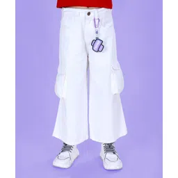 Kiddopanti Denim Woven Solid Cargo Pants With Trend Text Designed Key Chain - White-picture-22