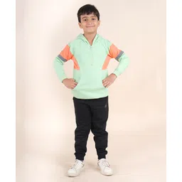 Kiddopanti Fleece Full Sleeves Colour Block Cut & Sew Hooded Sweatshirt With Joggers Set - Green Coral & Black-picture-20