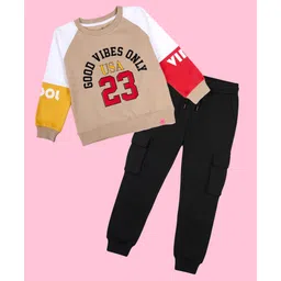 Kiddopanti Fleece Knit Full Raglan Sleeves Good Vibes Only Text Printed Light Winter Sweatshirt With Cargo Pants Set - Beige Yellow Coral & Black-picture-37