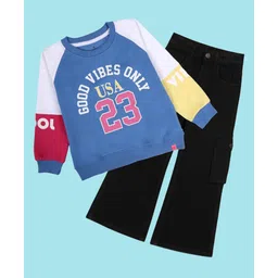 Kiddopanti Fleece Knit Full Raglan Sleeves Good Vibes Only Text Printed Light Winter Sweatshirt With Cargo Pants Set - Blue Pink Yellow & Black-picture-31