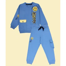 Kiddopanti Fleece Knit Full Sleeves Smiley Face & Happy Text Printed Light Winter Sweatshirt With Track Pants Set - Blue-picture-13