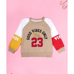 Kiddopanti Fleece Knit Raglan Sleeves Colour Blocked & Good Vibes Only Text Printed Light Winter Sweatshirt - Beige Yellow Coral & Pink-picture-43