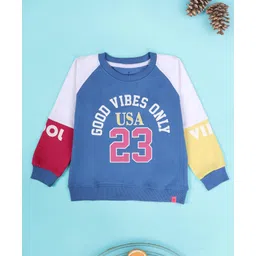 Kiddopanti Fleece Knit Raglan Sleeves Colour Blocked & Good Vibes Only Text Printed Light Winter Sweatshirt - Dust Blue Fushia Pink & Pop Yellow-picture-45