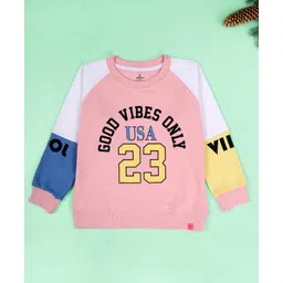 Kiddopanti Fleece Knit Raglan Sleeves Colour Blocked & Good Vibes Only Text Printed Light Winter Sweatshirt - Peach Pink Dust Blue & Pop Yellow-picture-42