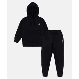 Kiddopanti Full Sleeves Brand Name Placement Printed Hooded Sweatshirt & Fleece Track Pant Set - Jet Black-picture-11
