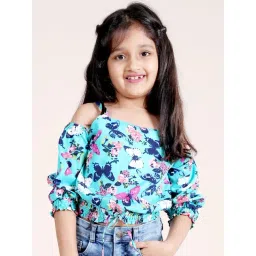 Kiddopanti Girls Aqua Three Fourth Sleeves Strappy Cold Shoulder Printed Crop Top-picture-29