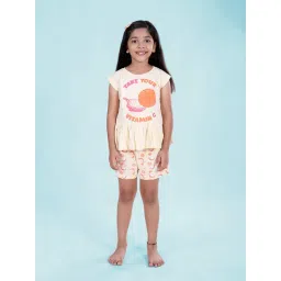 Kiddopanti Girls Beige Cotton Regular Fit Printed Night Suit-picture-38