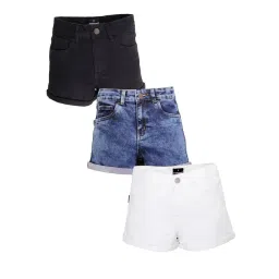 Kiddopanti Girls Black, Blue & White Denim Shorts - Pack of 3-picture-29