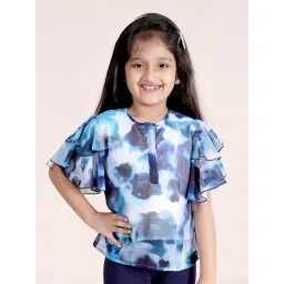 Kiddopanti Girls Blue Abstract Frill Layered Sleeves Printed Top-picture-38