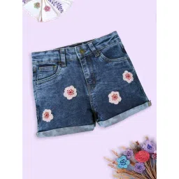 Kiddopanti Girls Blue Denim Applique Regular Fit Shorts-picture-44