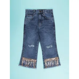 Kiddopanti Girls Blue Denim Laced Regular Fit Jeans-picture-38
