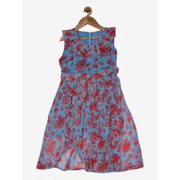 KiddoPanti Girls Blue Floral Georgette Dress-picture-31