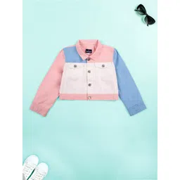 KiddoPanti Girls Colourblocked Lightweight Crop Denim Jacket-picture-23