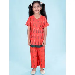 KiddoPanti Girls Ethnic Motifs Printed Angrakha Thread Work Kurta with Pyjamas-picture-33