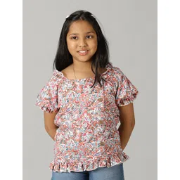 KiddoPanti Girls Floral Printed Puff Sleeves Georgette Top-picture-27