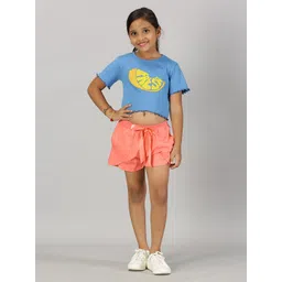 KiddoPanti Girls Graphic Printed Pure Cotton Crop T-shirt With Shorts-picture-21