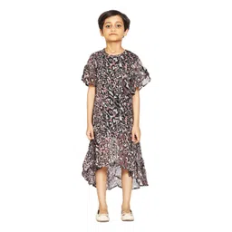 KiddoPanti Girls Grey & Pink Animal Print Layered A-Line Midi Dress-picture-26