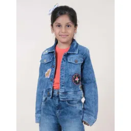 Kiddopanti Girls Mid Rag Wash Blue Embroidery Full Sleeves Coats Jackets-picture-12