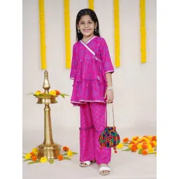 Kiddopanti Girls Multicolour Regular Fit Cotton Printed Kurta Set with Potli-picture-30