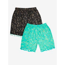 KiddoPanti Girls Pack Of 2 Black & Green Conversational Printed Shorts-picture-39