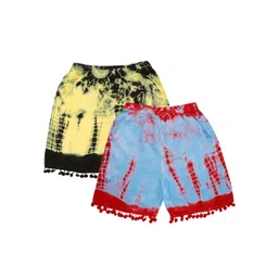 KiddoPanti Girls Pack of 2 Yellow & Blue Tie & Dye Dyed Shorts with Pom Pom Lace-picture-13