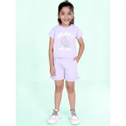KiddoPanti Girls Printed Pure Cotton Round Neck T-Shirts & Frill Shorts Clothing Set-picture-29
