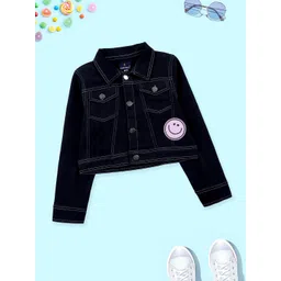KiddoPanti Girls Self Design Lightweight Crop Denim Jacket With Smiley Patchwork-picture-10