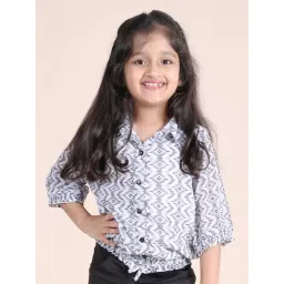 Kiddopanti Girls White & Grey Full Sleeves Smocking Hem With Front Tie Up Top-picture-34