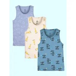 Kiddopanti Kids Boys Dusty Blue, Beige & Power Blue 100% Cotton All Over Printed Rib Vest (Pack Of 3)-picture-11