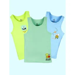 Kiddopanti Kids Boys Neon Green, & Light Green & Blue 100% Cotton Printed Vest (Pack Of 3)-picture-13