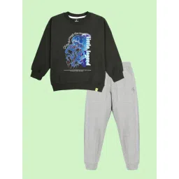 Kiddopanti Kids Military Green & Grey Melange Printed Track Suits-picture-46