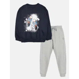 Kiddopanti Kids Navy & Grey Printed Full Sleeves Sweatshirt Set-picture-31