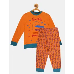 Kiddopanti Kids Orange Printed Full Sleeves T-Shirt with Pyjamas-picture-27