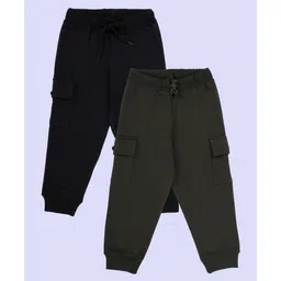 Kiddopanti Pack Of 2 Cotton Fleece Knit Solid Cargo Pocket Detailed Track Pants - Military Green & Black-picture-17