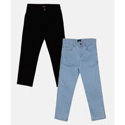 Kiddopanti Pack Of 2 Full Length Solid Stretchable Denim Jeans - Black & Light Blue-picture-25