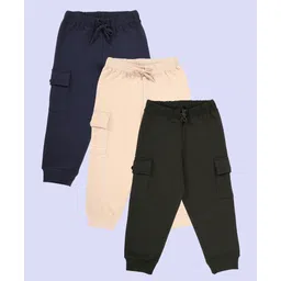 Kiddopanti Pack Of 3 Cotton Fleece Knit Solid Cargo Pocket Detailed Track Pants - Beige Navy Blue & Military Green-picture-19