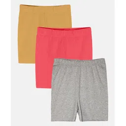 Kiddopanti Pack Of 3 Solid Cycling Shorts - Skin Coral Red & Grey Melange-picture-36