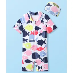 KIDLINGSS Half Raglan Sleeves Fishes Printed Legged Swimsuit With Cap - Multi Colour-picture-21