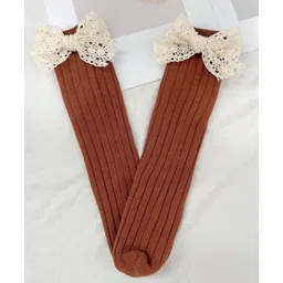 Kidofash Knit Bow Applique Detailed Ribbed Socks - Dark Brown-picture-20
