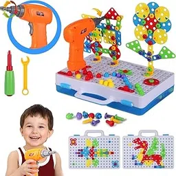 Kidology Plastic Electric Drill & Screw Set Design 239+ Pieces Creative Mosaic Art Puzzle Drilling Toy, DIY Puzzle STEM Educational Building Blocks Learning Kit - Fun Activity for Kids, Multicolor-picture-27